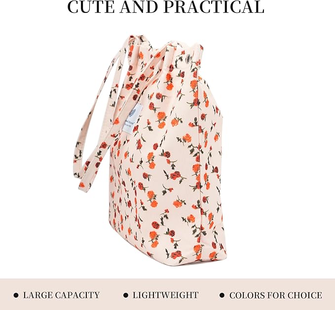 Corduroy Tote Bag Cute Tote Bags for Women Shoulder Bag with Inner Pocket for Work Beach Travel and Shopping Grocery