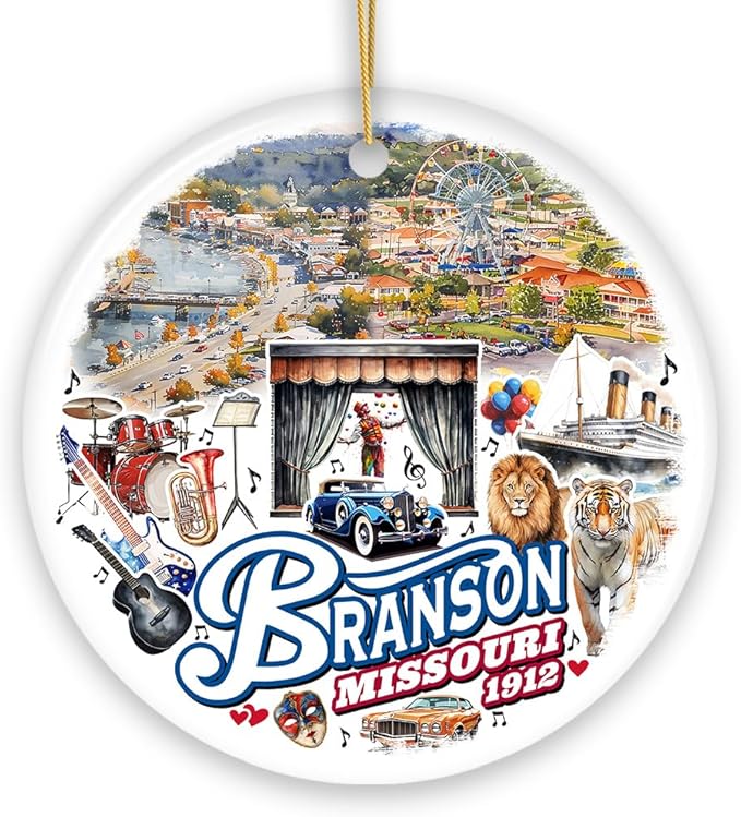 Culturally Vibrant Branson City Ceramic Ornament, Missouri Souvenir and Christmas Tree Decor (Circle)