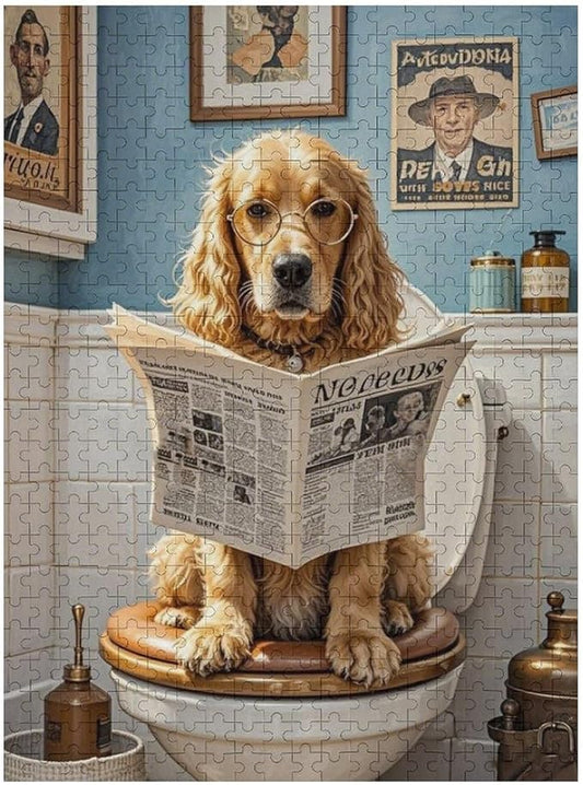 Funny Wooden Puzzle - Goldendoodle on Toilet Reading Newspaper Puzzle for Adult 500 Piece，Wooden Jigsaw Puzzles Art Leisure Game Fun Suitable Family Friends Educational Learning Games Gift