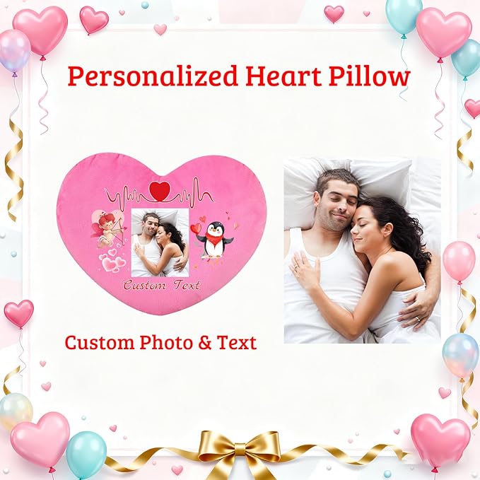 Custom Heart Pillow with Insert, Personalized Heart Shaped Pillows with Photo Name as Valentine Pillows for Hubsand Wife Home Decor Personalized Gifts for Valentines Day Anniversary