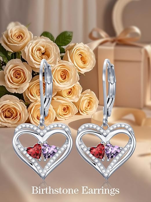 Heart Leverback Earrings Double Birthstone Dangle Earrings for Women, Love Jewelry for Her, Christmas Gifts for Women, Anniversary Birthday Gift for Mom Wife Girlfriend