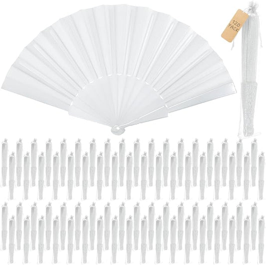 Wenqik 120 Pcs Wedding Folding Hand Fans Bulk Silk Fabric Chinese Handheld Foldable Clack Fans with Plastic Ribs for Party, Wedding Gifts, Line Dancing, Home Decorative (White)