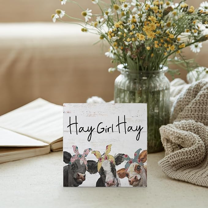 Mtrgdn Western Cow Signs for Home Decor,Wood Box Sign Desk Decor,Farmhouse Rustic Wood Block Plaque for Home Desk Shelf Fireplace Indoor Office Decor,Funny Friend Gifts for Women,Gifts,Cow Print Stuff