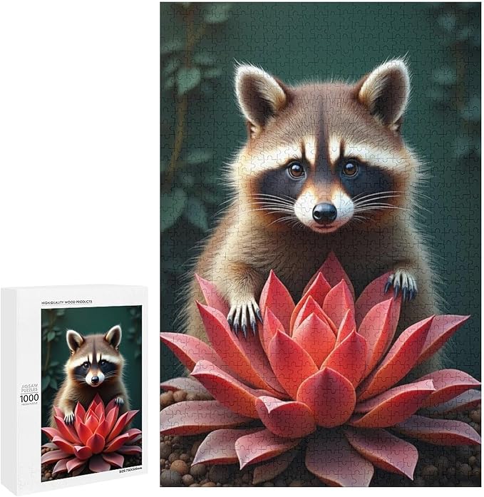 Puzzles for Adults 1000 Pieces Wooden Jigsaw Puzzle - Succulent & Cute Raccoon Theme Puzzle，Party Games，Family Toys，Educational Puzzles，Stress Relief Wooden Puzzle，Gifts for Family and Friends