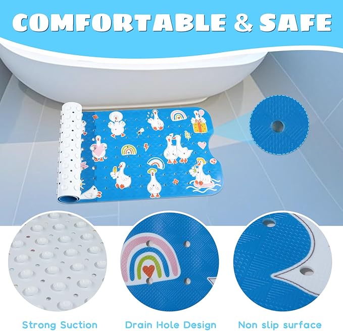 Baby Bath Mat for Tub Non Slip Kids Bathtub Mat Extra Long 40X16 Inch Toddler Bath Tub Shower Mat Anti Slip with Suction Cups & Drain Holes, Machine Washable (Go Ducks)