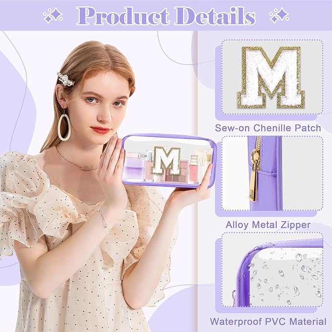Personalized Initial Letter Clear Makeup Bag,Preppy Small Nylon&PVC Cosmetic Zipper Bag with Chenille Letter,Travel Skincare Toiletry Bag,Monogram Christmas Gift for Teen Girls Women,M