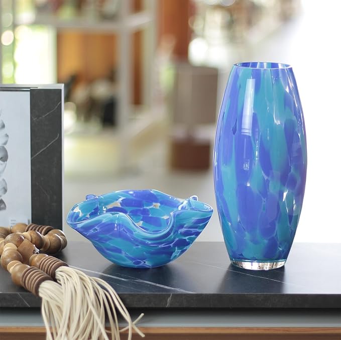 Ca D Oro Glass Vase Blue Confetti Hand Blown Murano-Style Art Glass for Flower and Decor - Model Oliva G