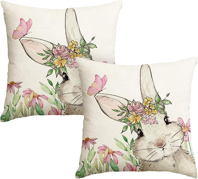 AVOIN colorlife Easter Floral Garland Bunny Throw Pillow Cover, 18 x 18 Inch Spring Rabbit Holiday Cushion Case Decoration for Sofa Couch Set of 2