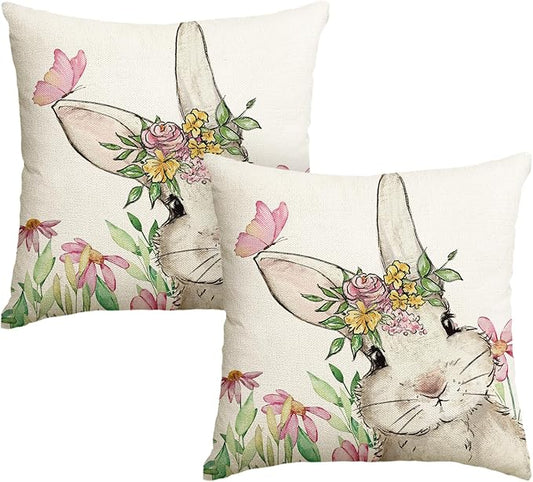 AVOIN colorlife Easter Floral Garland Bunny Throw Pillow Cover, 18 x 18 Inch Spring Rabbit Holiday Cushion Case Decoration for Sofa Couch Set of 2