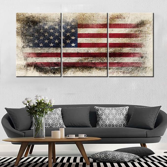 3 Piece Wall Art for Bedroom Native American Flags Dirty Paintings White Stripes Canvas Artwork White Star Pictures Giclee Rustic Home Decorations Framed Ready to Hang Posters and Prints(48''Wx24''H)