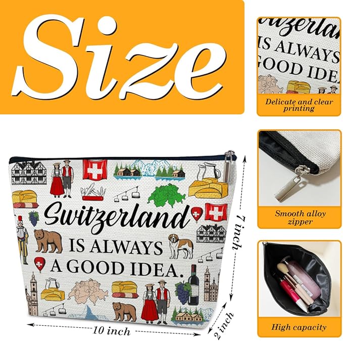 Switzerland Travel Makeup Bag, Vacation Gift, Switzerland Country Cosmetic Bag, Trip Souvenir and Travel Memory Gift, Merchandise Zipper Storage Organizer Pouch