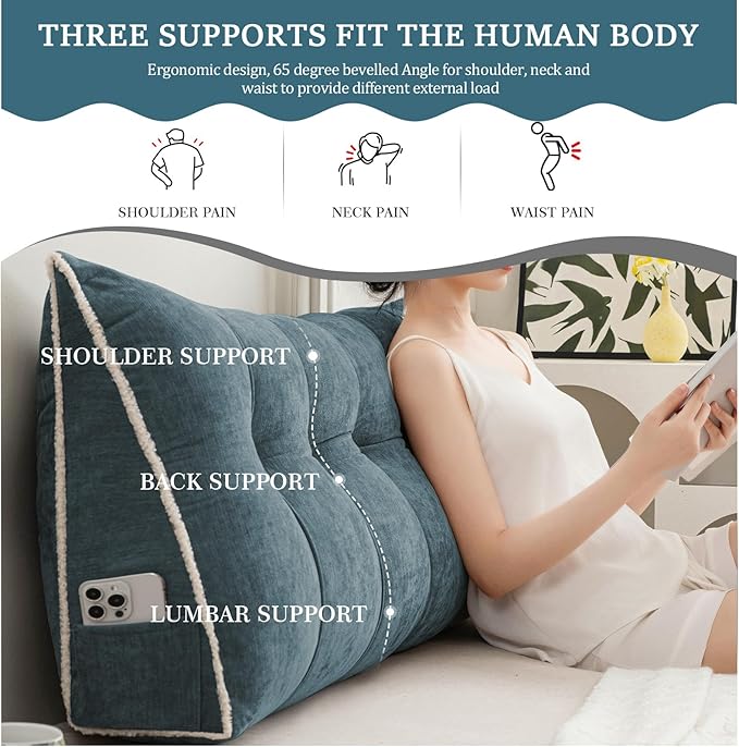 Headboard Pillow King, Chenille Triangular Wedge Pillow Headboard King Size, Reading Setting Backrest Daybed Pillows for Bed Sofa with Removable Cover, Blue