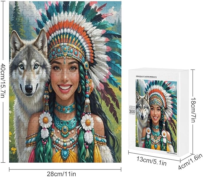 Wooden Puzzle - Indian Beauty & Wolf，Native American Jigsaw Puzzles，Wooden Puzzles for Adults 300 Pieces Unique Gifts for Wall Art，Challenge Puzzles，Educational Games，Family Puzzles