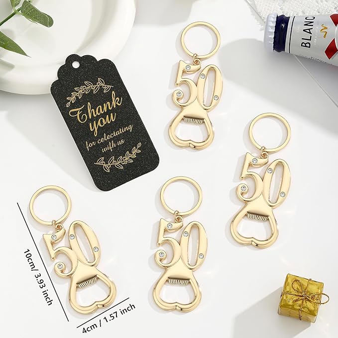 24 pcs 50th Gold Keychain Bottle Opener Birthday Party Favors for Guests,50th Beer Bottle Opener Favors Bulk for Birthday Anniversary Souvenirs Party Decor Supplies (Gold 50th)