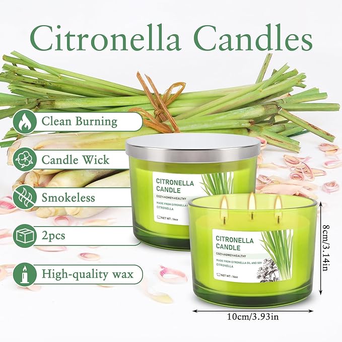 Set of 2 Green Glass Jars Citronella Oil Candles 14oz Smokeless & Outdoor Candles Perfect for Courtyards, Backyards, Camping, Picnics, and Garden.