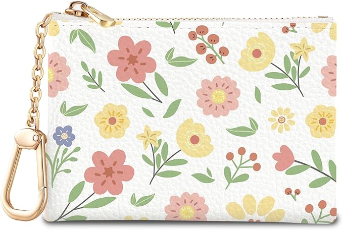 Multicolor Floral Keychain Coin Purse for Women, Small PU Leather Change Pouch, Zipper Little Tiny Travel Wallet for Girls, Cute Kawaii Zip Pocket Coin Holder with Key Ring