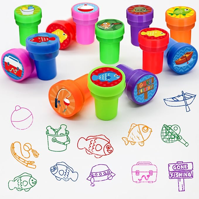 Cinrobiye 24 PCS Gone Fishing Party Stampers，Summer Fishing Birthday Favors for Boys Girls, Little Fisherman Party Supplies, Classroom Rewards, Goodie Bag & Pinata Fillers, Carnival Prizes