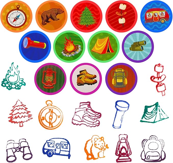 Cinrobiye 24 Pcs Happy Camper Stampers for Boys Girls, Camping Adventure Birthday Party Supplies Favors, Classroom Rewards, Carnival Prizes, Goodie Bag Pinata Fillers for Campfire Tent Hiking Party