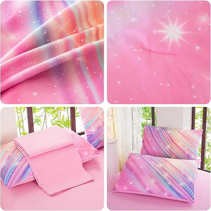 Twin Comforter Set for Girls Galaxy Bedding 7pieces, Ombre Bedding Comforter Sets Rainbow Comforter, Twill Pink