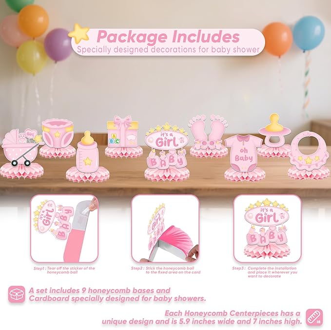 9Pcs Baby Shower Decorations Honeycomb Centerpieces for Girl, Cute Pattern It's a Girl Gender Reveal Table Centerpiece, Gender Reveal Party Supplies (Pink)