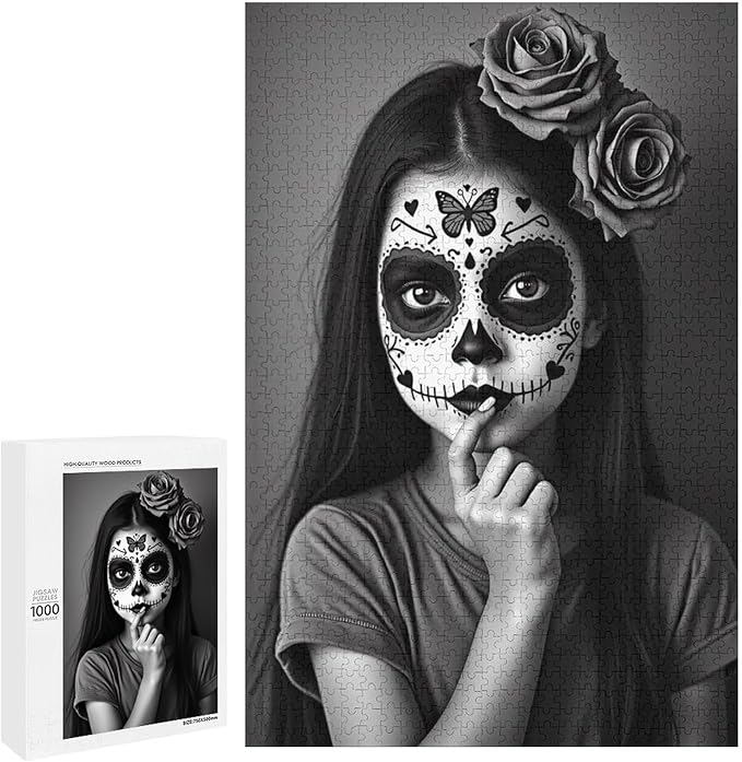 Funny Wooden Puzzle - Gorgeous Sugar Skull Lady Day of The Dead Puzzle for Adult 1000 Piece，Wooden Jigsaw Puzzles Art Leisure Game Fun Suitable Family Friends Educational Learning Games Gift