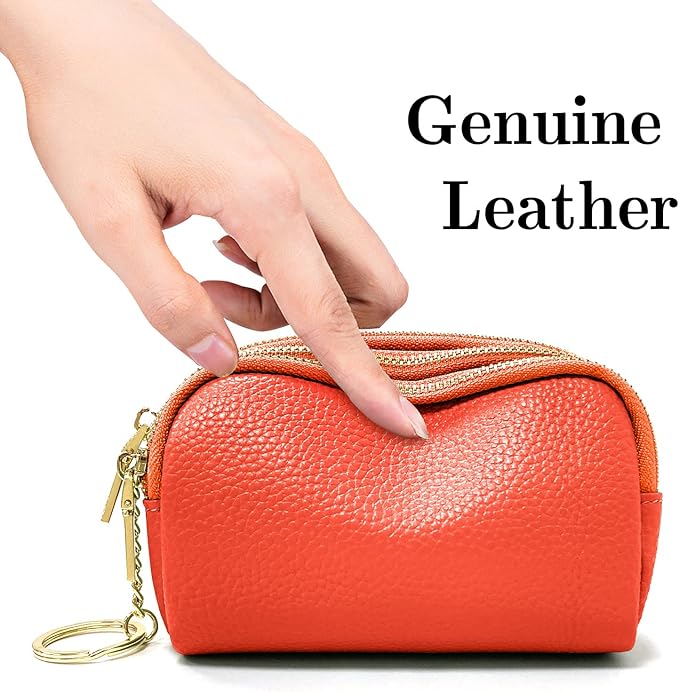 LINNO 3 Zippered Genuine Leather Coin Purse Triple Capacity Change Pouch Little Travel Wallet With Key Ring for Women