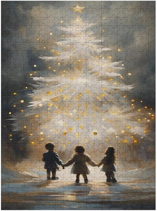 Funny Wooden Puzzle - Glowing Christmas Trees and Wishing Girls Puzzle for Adult 500 Piece，Wooden Jigsaw Puzzles Art Leisure Game Fun Suitable Family Friends Educational Learning Games Gift