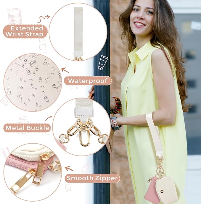 Dual Pouch Wristlet Keychain Wallets for Women with 2 Detachable Zipper Coin Purse - Small and Portable Mini Card Wallet for Women Men Gold Hardware Pink+Ivory