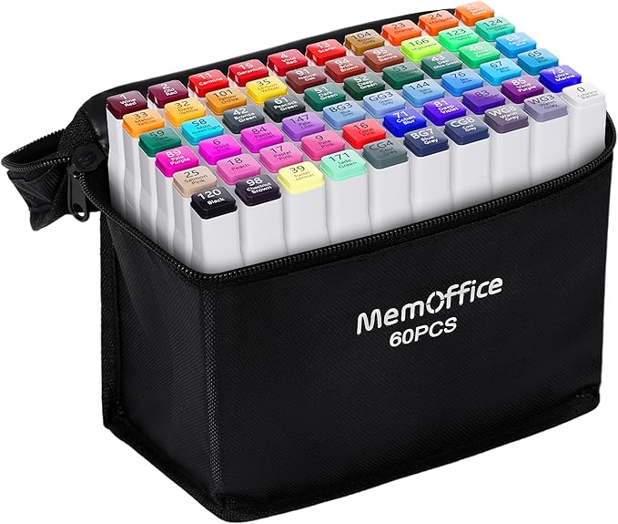 MemOffice 60 Colors Dual Tip Artist Alcohol Markers Set with Carrying Case - Perfect for Coloring, Drawing, Sketching, Card Making and Illustration - Perfect for Adults