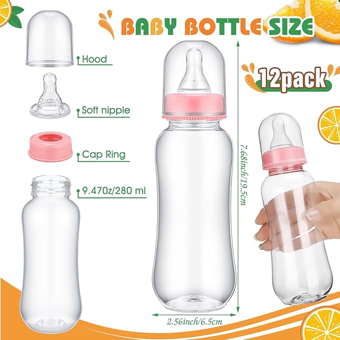 TrelaCo Little Cutie Cool Baby Shower Games Bottle Chug Sign Wooden Orange Theme Gift Sets Gender Reveal Party supplies and 12 Pcs Baby Bottle Shower Favor for Games Gender Reveal