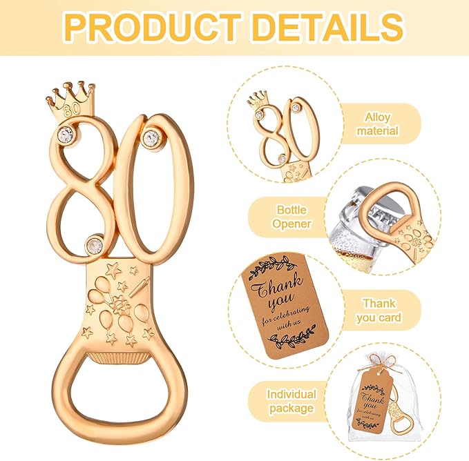 50Pcs 80th Birthday Bottle Opener Set, 80th Golden Bottle Openers Birthday Personalized Party Favors 80th Wedding Anniversaries Souvenirs Favors for Guests Gifts Decorations（80th）