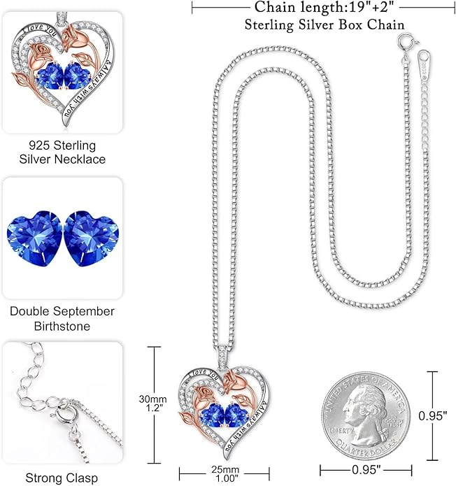 Iefil Valentines Day Gifts for Her - 925 Sterling Silver Rose Heart Birthstone Necklace Birthday Anniversary Jewelry Gifts for Her Wife Mom Daughter