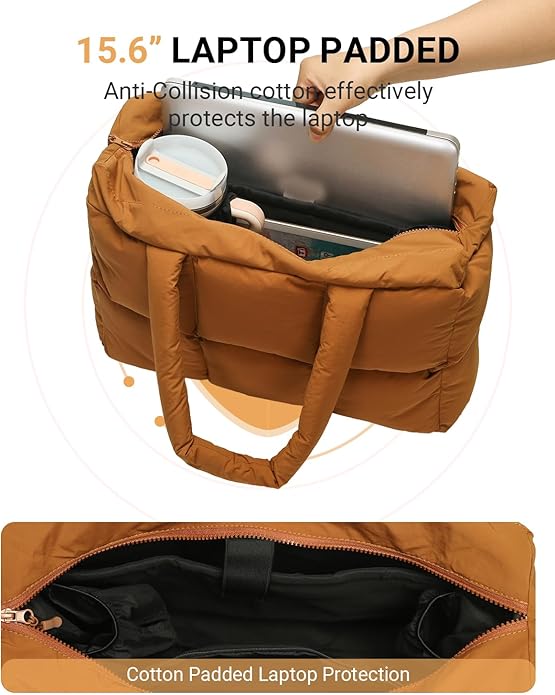 Herald Puffer Tote Bag for Women, Large Quilted Puffy Handbag Lightweight Satchel Purse with Cup Holder & Compartment