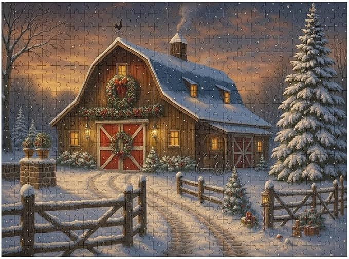 Christmas Snowy Night,Winter Red House 500-Piece Wooden Jigsaw Puzzle, Winter Holiday Scene, Snowy Night Landscape, Cozy Indoor Fun, Family Entertainment, Mindful Leisure