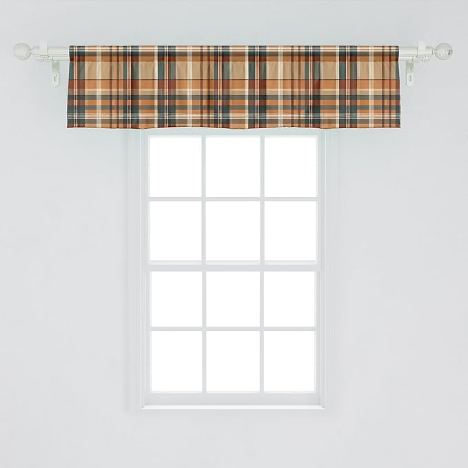Ambesonne Autumn Plaid Window Valance Pack of 2, Fall Harvest Traditional Buffalo Tartan Lines Thanksgiving Art, Rod Pocket Curtain Valances Kitchen Bedroom, 54" X 12",Orange Tan Grey Teal