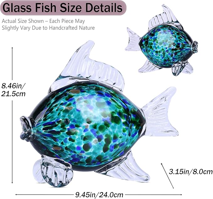 Large Glass Fish Figurine for Home Decor, Hand Blown Art Glass Ocean Animal Statue, Decorative Coastal and Beach Themed Sculpture for Table, Shelf, Bathroom, Living Room or Office