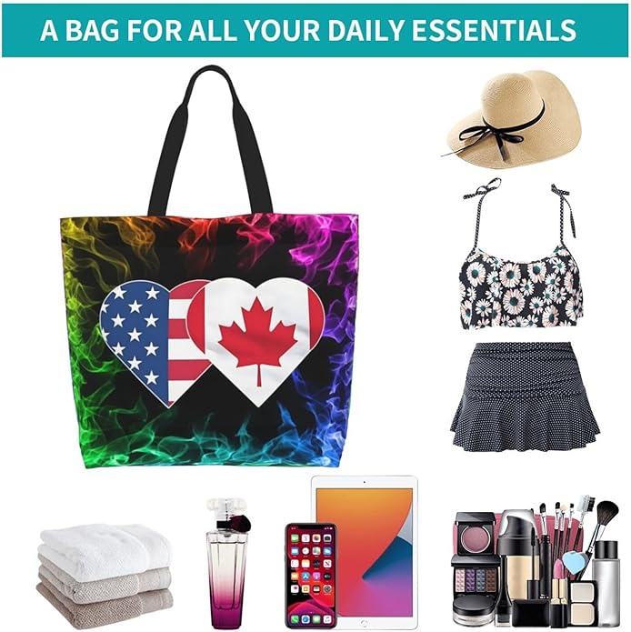 USA Canada Flag Heart Large Reusable Eco-friendly Shopping Bags Portable Storage Handbag