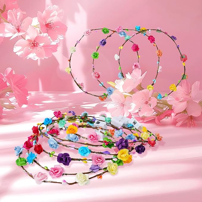 Valentines Day Gifts, 24 PCS LED New Year Flower Crowns Headbands, Light Up Flower Crowns for Women & Girls, Glow in The Dark Flower Hairbands Wreath for Wedding Beach Party Birthday Cosplay Gifts
