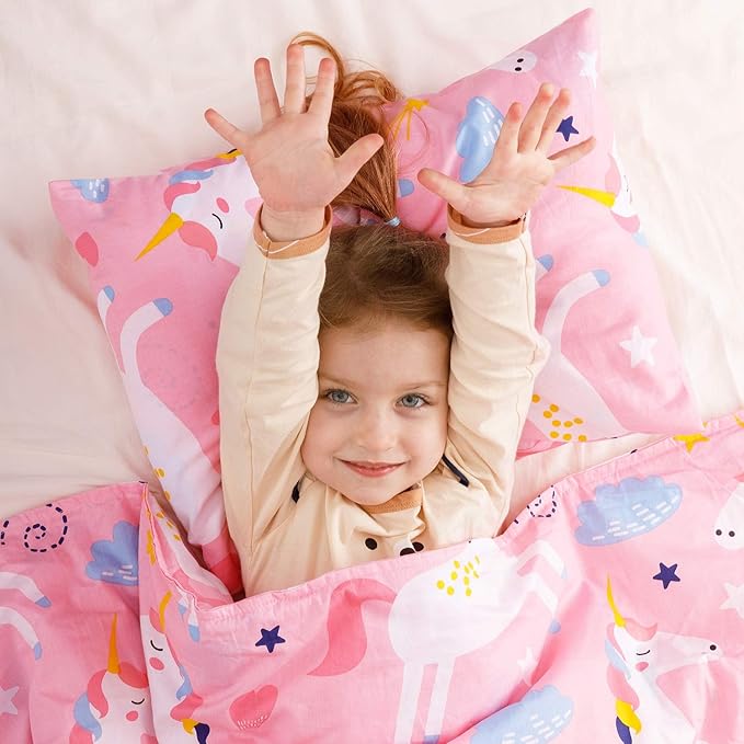 Cottonblue Kids Toddler Pillows with Pillowcases 14x19, 2 Pack Toddler Pillows with 2 100% Organic Cotton Covers, [2-Set] Kids Pillow Set for Preschool, Machine Washable, Pink Unicorn