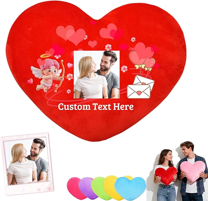Custom Heart Pillow with Insert, Personalized Heart Shaped Pillow with Photo Text as Valentine Pillows for Girlfriend Boyfriend Home Decor Personalized Gifts for Valentines Day Anniversary