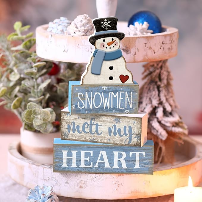 4 Pcs Winter Table Decorations Blue and White Snowman Decor Winter Tiered Tray Decor Christmas Table Centerpiece Rustic Decorative Snowmen Block Signs Gift Farmhouse for Home Kitchen Shelf