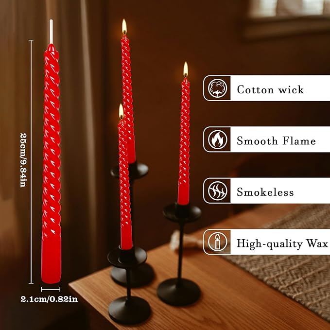 10 Inch Red Spiral Taper Candles Set of 12 Pack Unscented Dripless Candlesticks for Christmas,Dinner,Party,Brithday,Wedding and Home Decoration