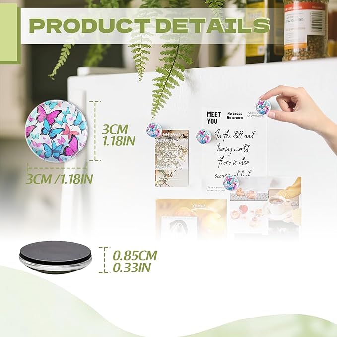 Fridge Magnets 6 Pcs Butterfly Motif in Multiple Colors Round Strong Magnetic Glass Small Refrigerator Magnet,Home Decoration for Office Whiteboards,Classrooms,Cabinet and Dishwasher