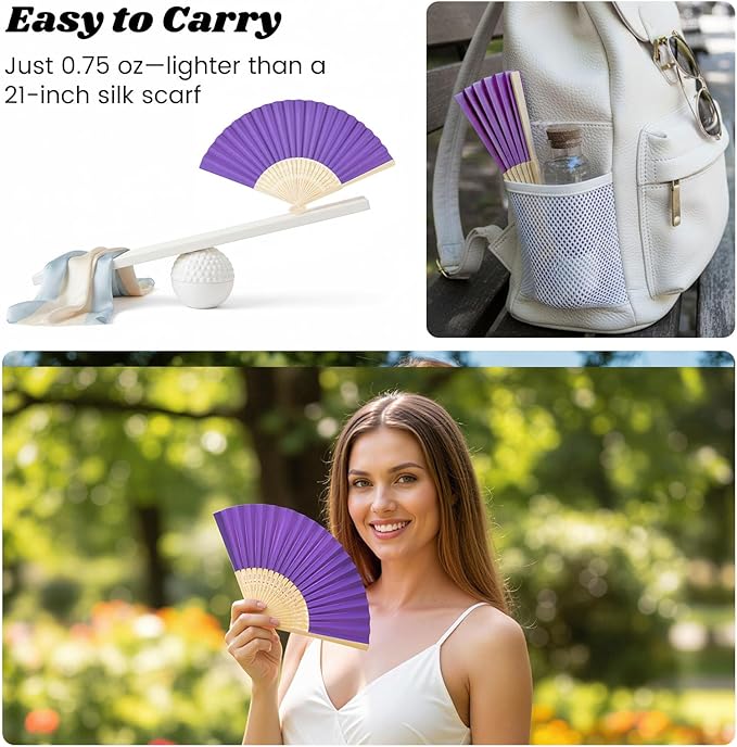 JOHOUSE 12 Packs Foldable Hand Fans, 8.3 Inch Purple Paper Fans Handheld for Purple Birthday Decorations, Wedding, Outdoor Party Favors, Baby Shower DIY Photography Props