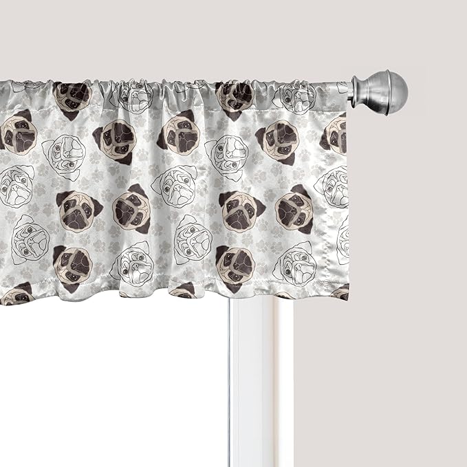 Ambesonne Dog Window Valance, Pug Portraits Traces Paw Print Background Canine Pet Illustration Mammal Animal, Curtain Valance for Kitchen Bedroom Decor with Rod Pocket, 54" X 12", Beige Brown Tan