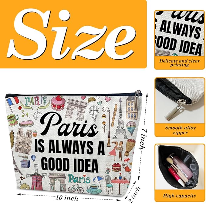 Funny Paris Travel Makeup Bag, City Themed Trip Gifts Favors, Travel Lover Gifts For Women Her, Cosmetic Bag For Holiday Trip Vacation, Paris Is Always A Good Idea