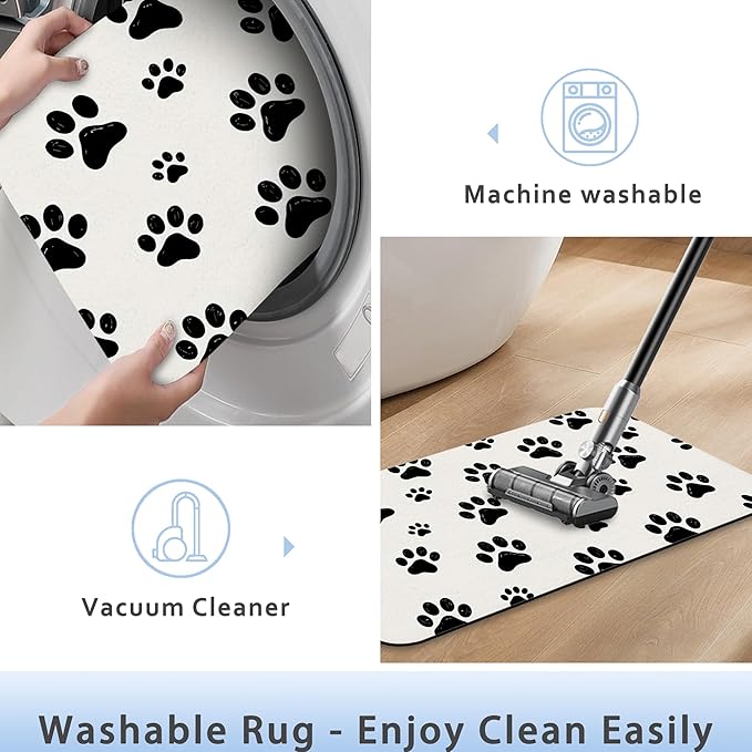 Black White Dog Paws Bath Mat 29.5"x17",Slim Low-Profile Fast Drying Super Absorbent Bathroom Rug with Non-Slip Backing, Easy-Clean Modern Floor Mat for Tub, Shower, or Entryway