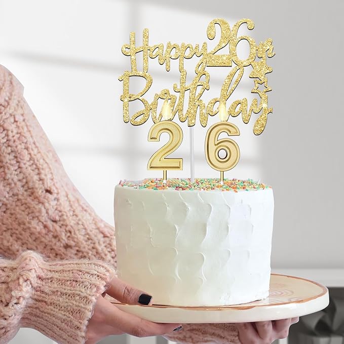 26th Birthday Decorations for Women Gold Set with 26th Birthday Tiara and Sash, Cake Topper and Candles, Number Balloons, 26 Year Old Gifts for Women