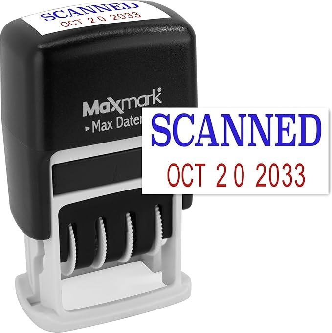 MaxMark Self-Inking Rubber Date Office Stamp with Scanned Phrase Blue Ink & Date RED Ink (Max Dater II), 12-Year Band