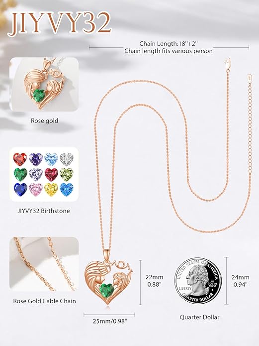 Mother and Daughter/Son Love Heart Necklace White Gold/14K Gold/Rose Gold Birthstone Jewelry Christmas Mothers Day Birthday Gifts For Mom Wife Grandma Women